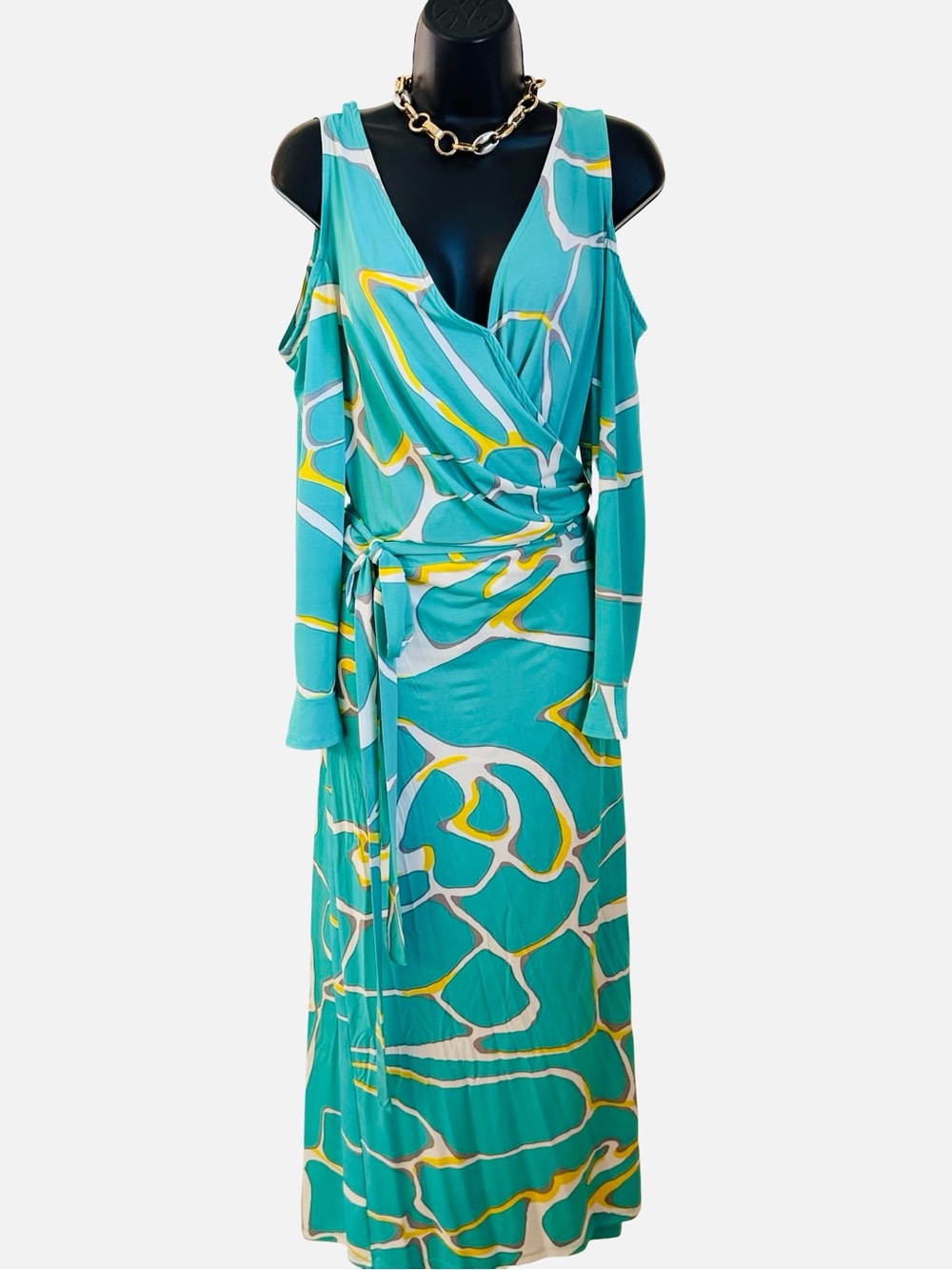 Ashley Stewart Cold-Shoulder Teal Print Wrap Maxi Dress